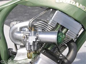 The powerplant on  Trouble  displays Goldammer s bold initiative  as he halved an H-D Twin-cam Evolution to make a Single and added a Rotrex supercharger in place of the absent rear cylinder.