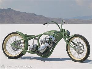 Trouble really caught our eye at Bonneville. The green paint is a perfect match and the spoked wheels with cream-colored rims  as The Dude might say   really tie the bike together. 